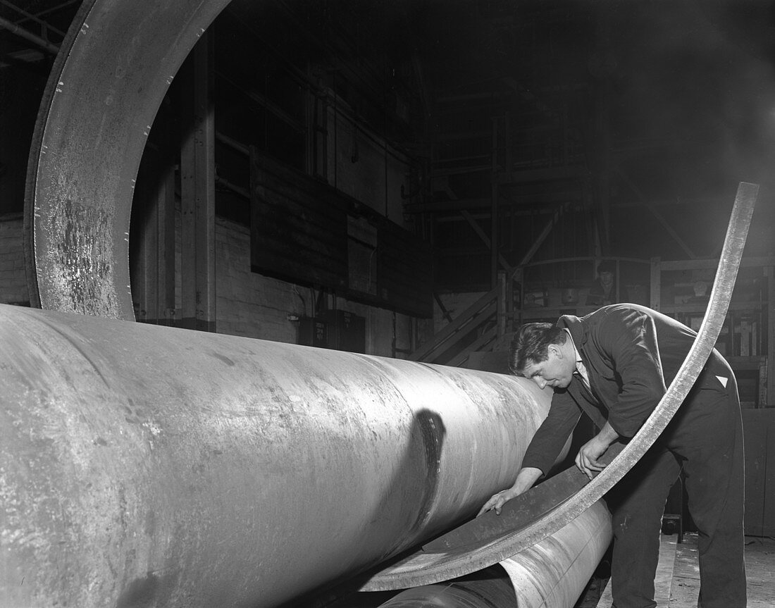 Checking the curve of a steel plate, 1964