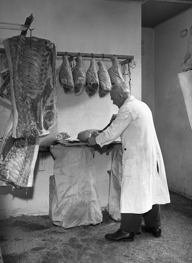 Dressing meat for sale, Rawmarsh, South Yorkshire, 1955