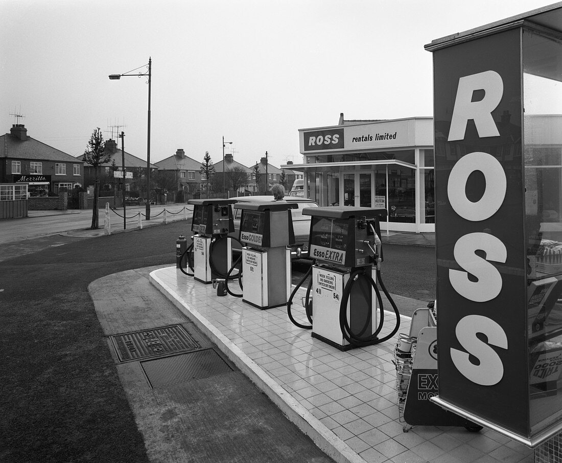A petrol station forecourt, Grimsby, Lincolnshire, 1965