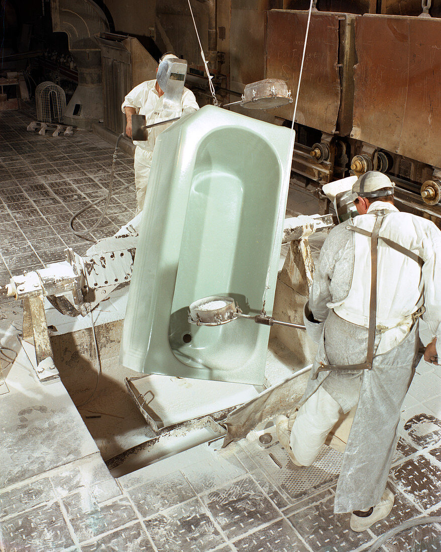 Enamelling a steel bath, Hull, Humberside, 1967