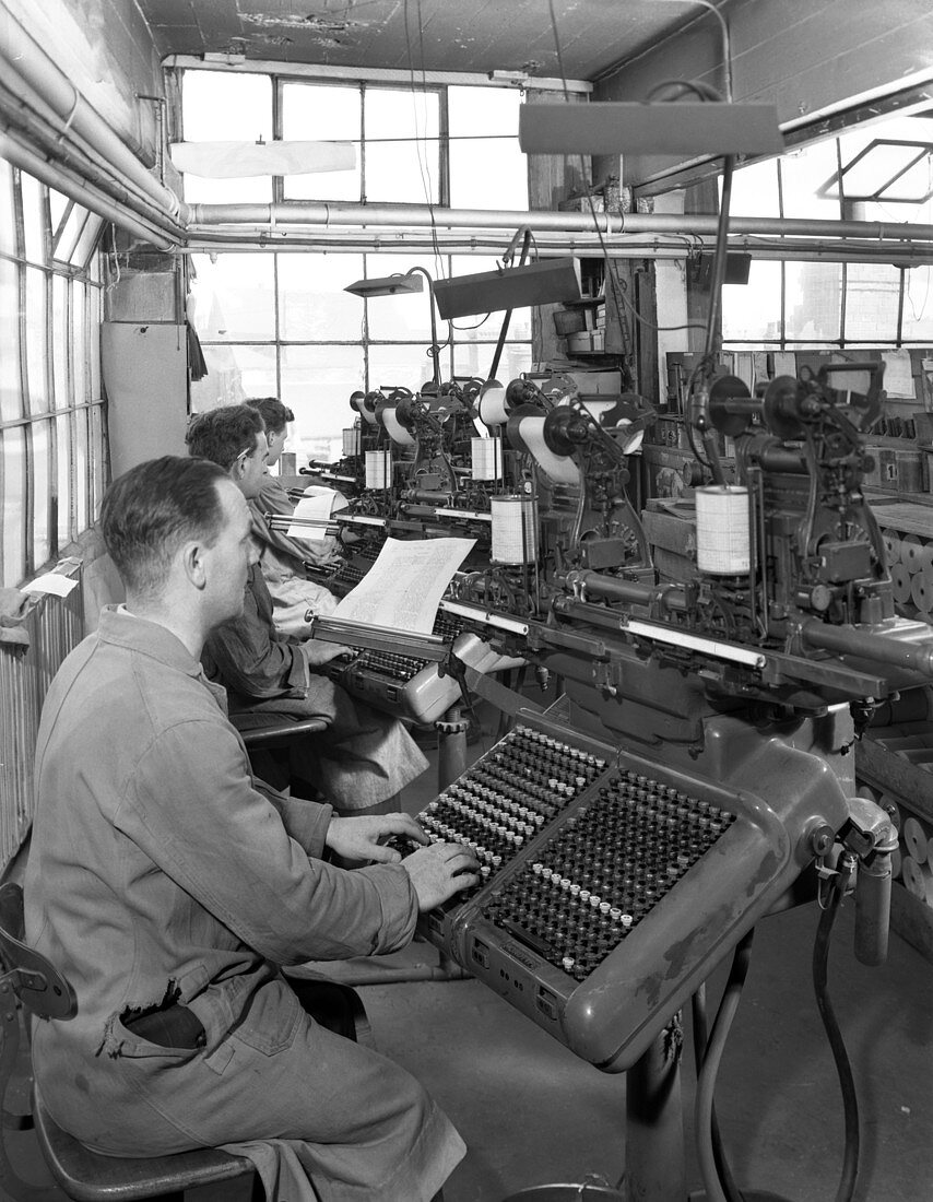Monotype keyboards in operation at a printing company, 1959