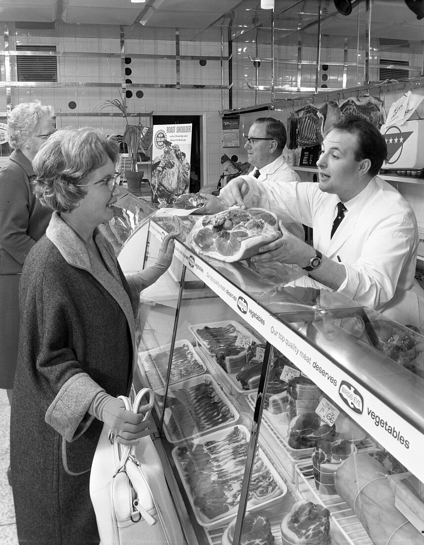 Scene inside a butcher's shop, South Yorkshire, 1965