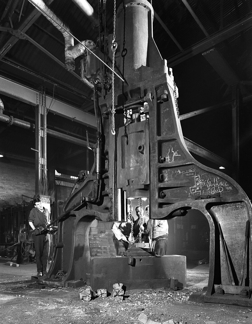 Forge in action at Edgar Allen's steel foundry, 1962