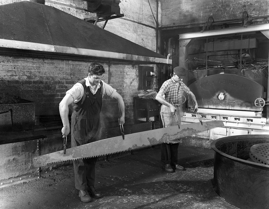 Heat treating a two metre saw blade, 1963