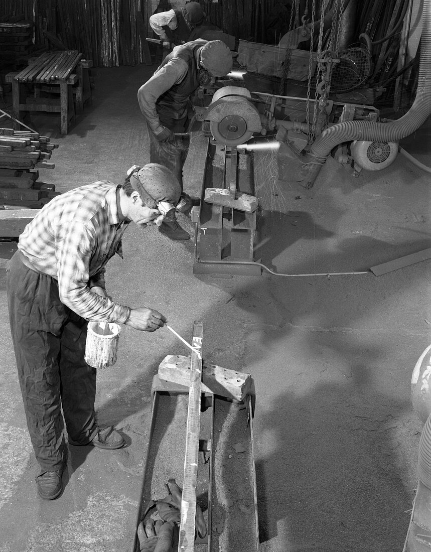 Steel bars being cut to size at J Beardshaw & Sons, 1963