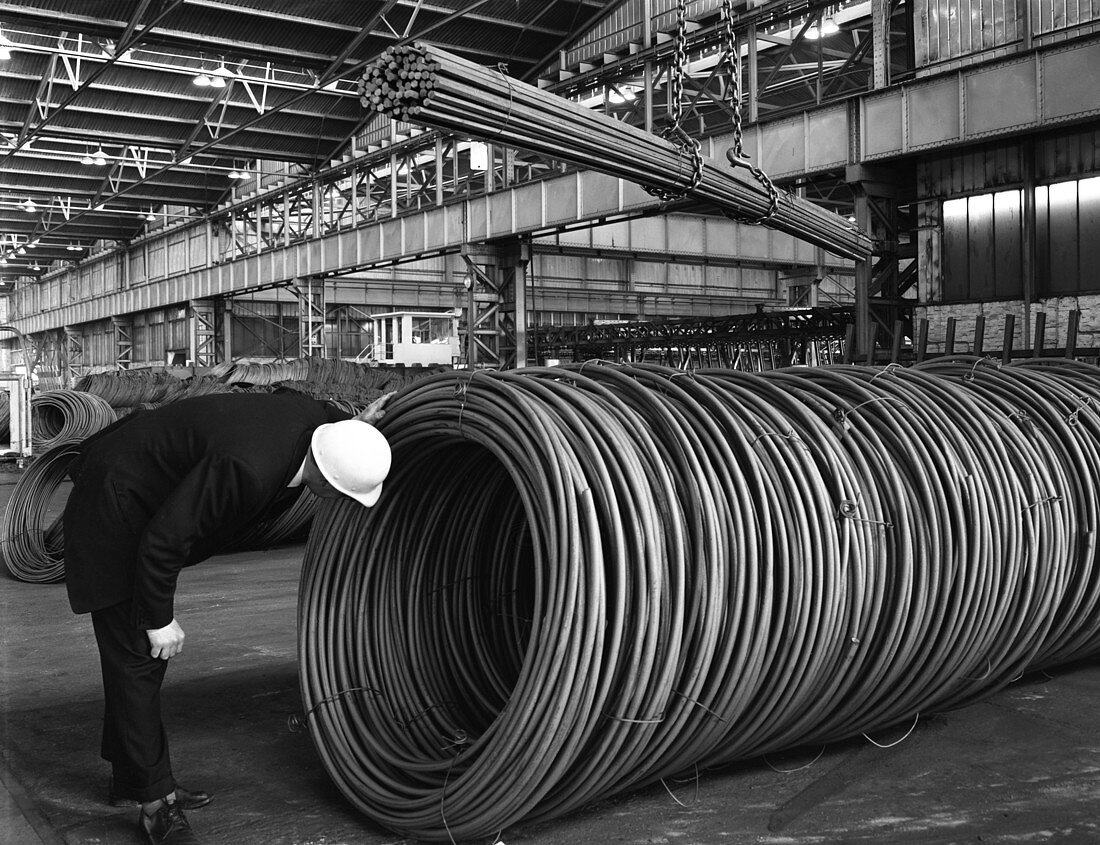 Coils and hexagonal bars at steel company, 1964