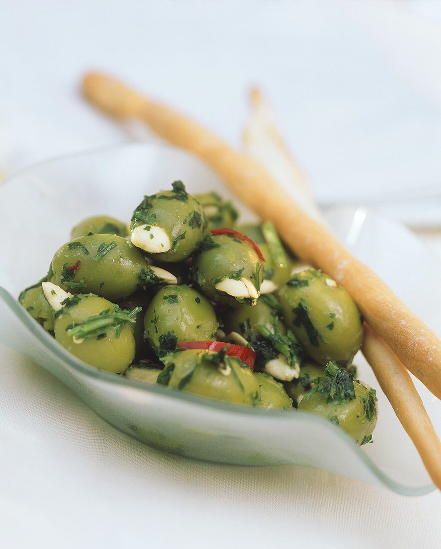 Olive ripiene (green olives stuffed with almonds, Italy)