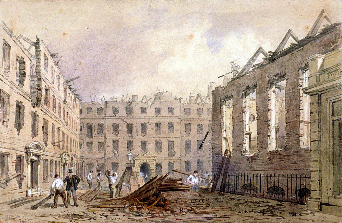 The demolition of Lyon's Inn, Westminster, London, 1862