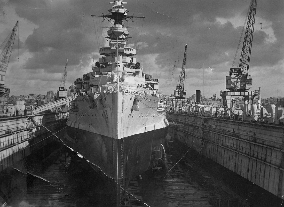Battleship HMS Malaya in a floating dock, Malta, c1937