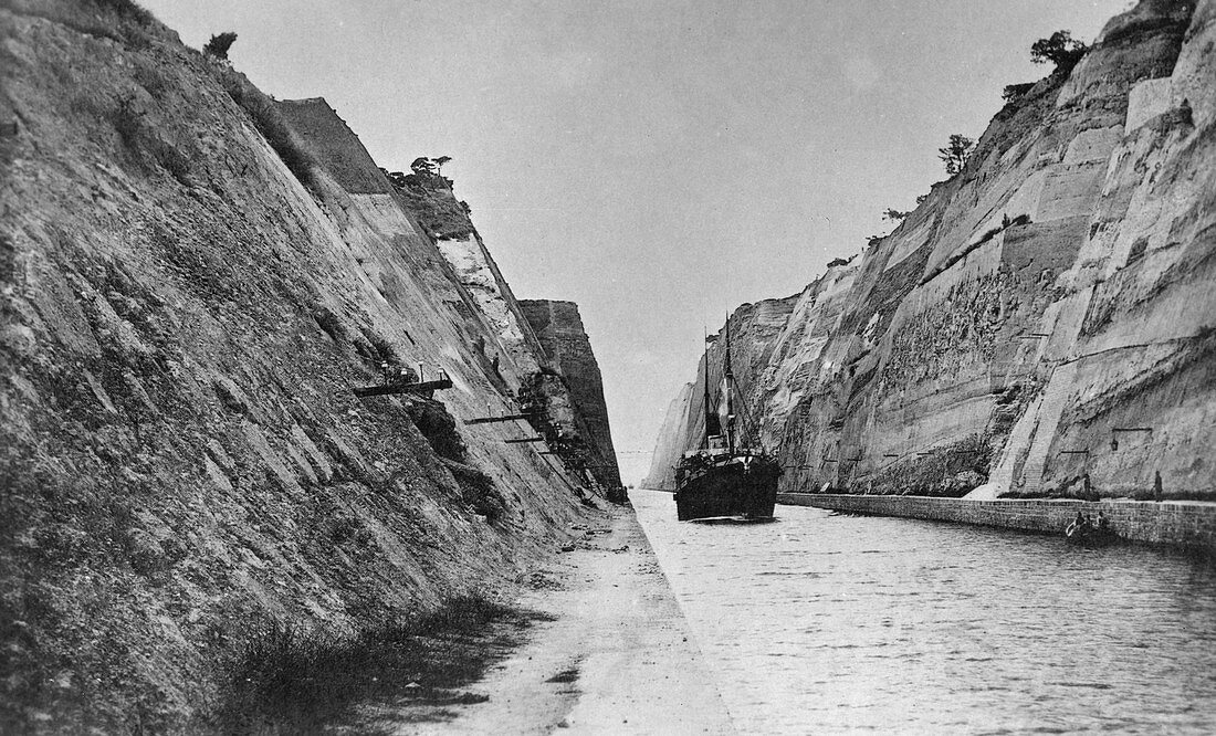 Ship passing through the Corinth Canal, Greece