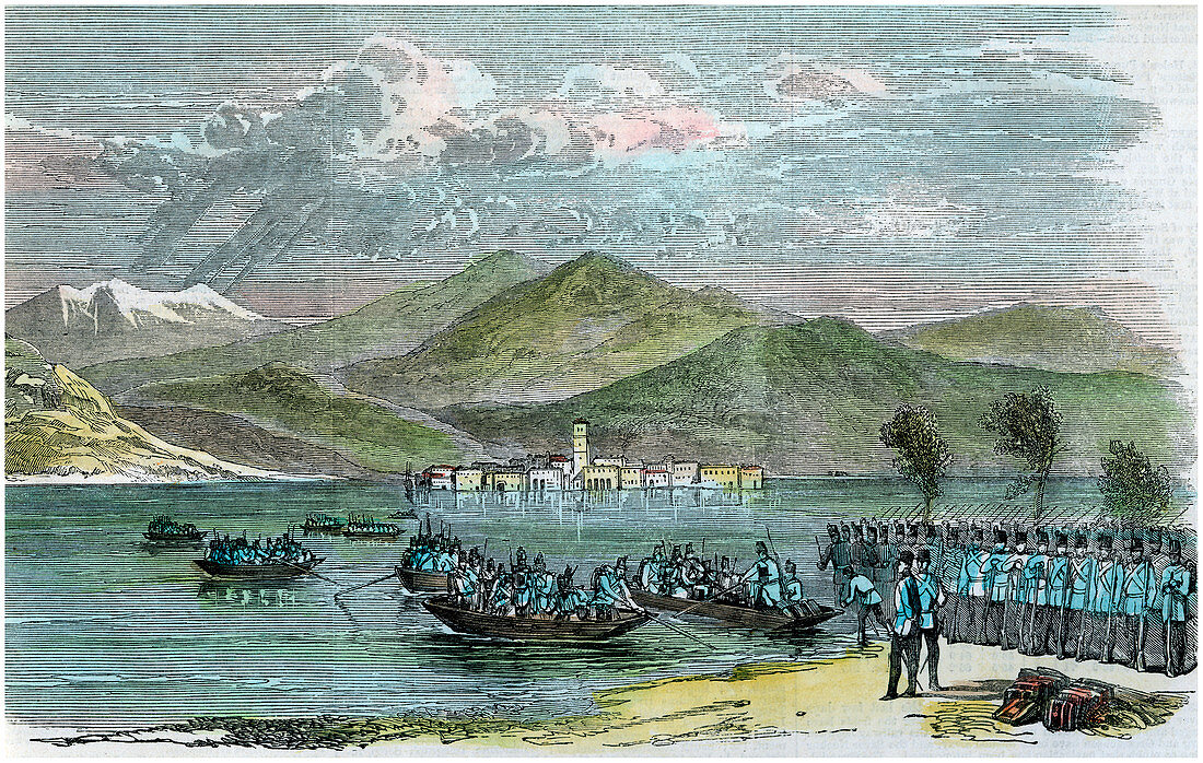 The war, Austrians crossing the Lago Maggiore, Italy, c1875
