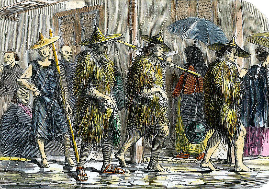 Coolies at Hong Kong, in wet weather, c1875