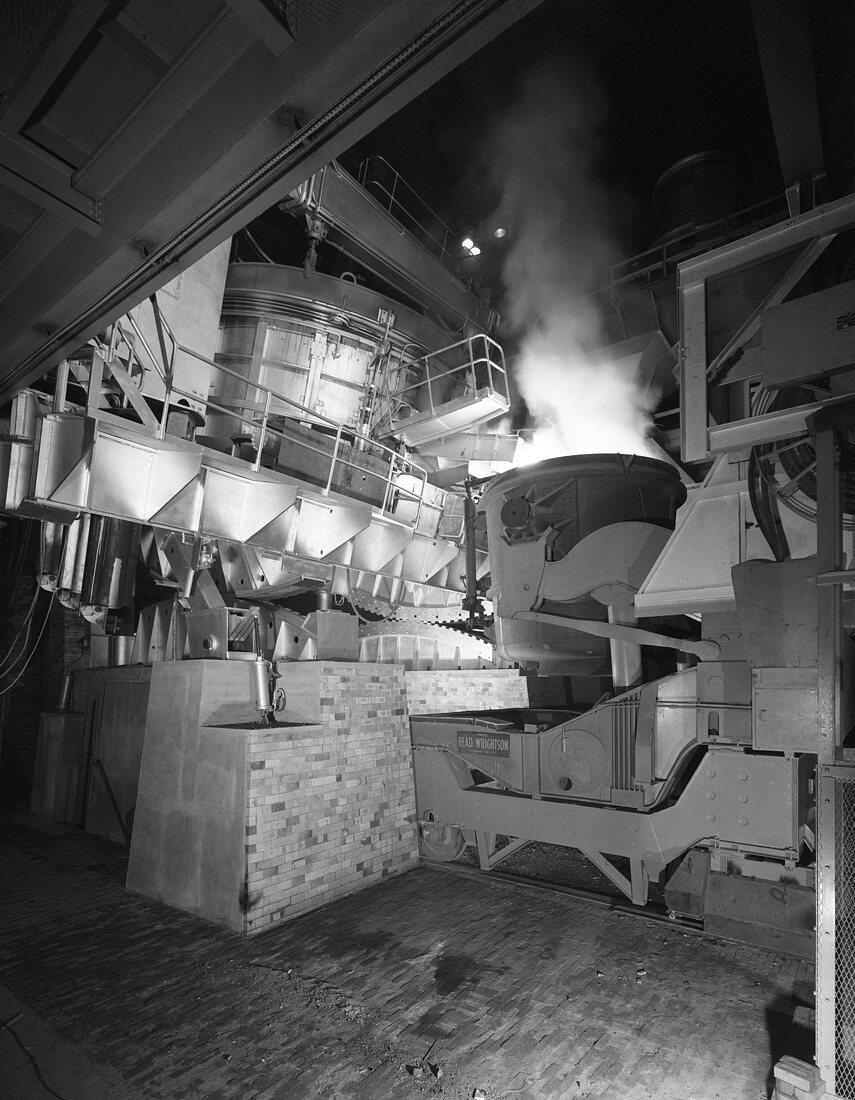Steel pour from an electric arc furnace, 1964