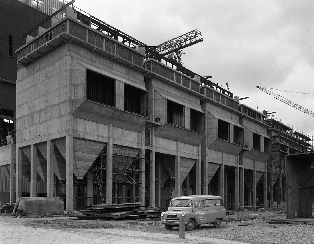Minibus parked on a building site, 1964