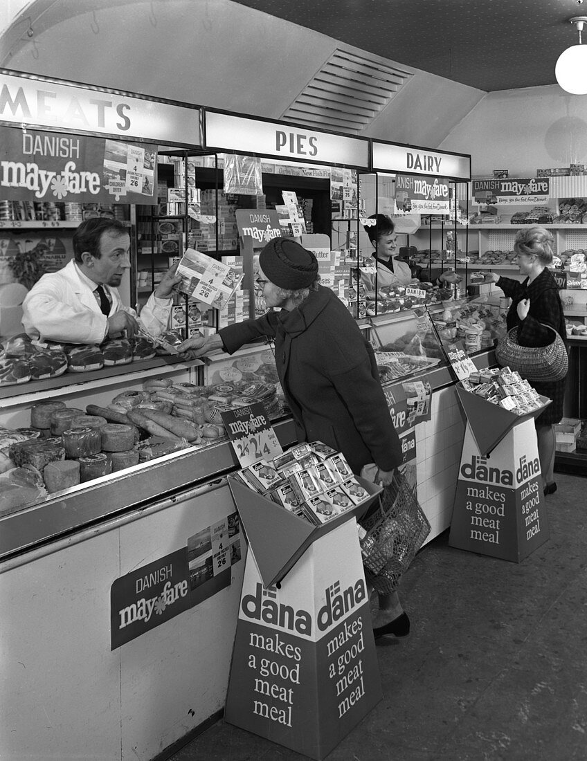 Danish Bacon May Fare shop display, Yorkshire, 1964