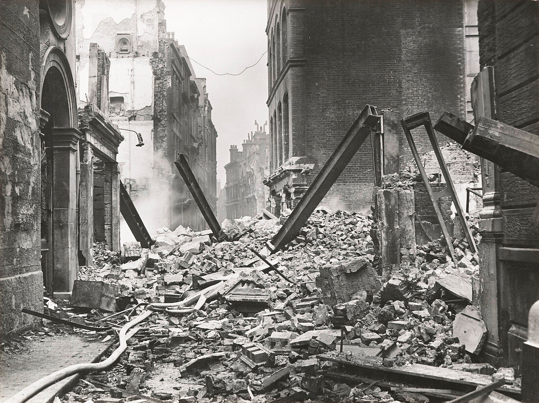 Walbrook after an air raid, City of London, World War II