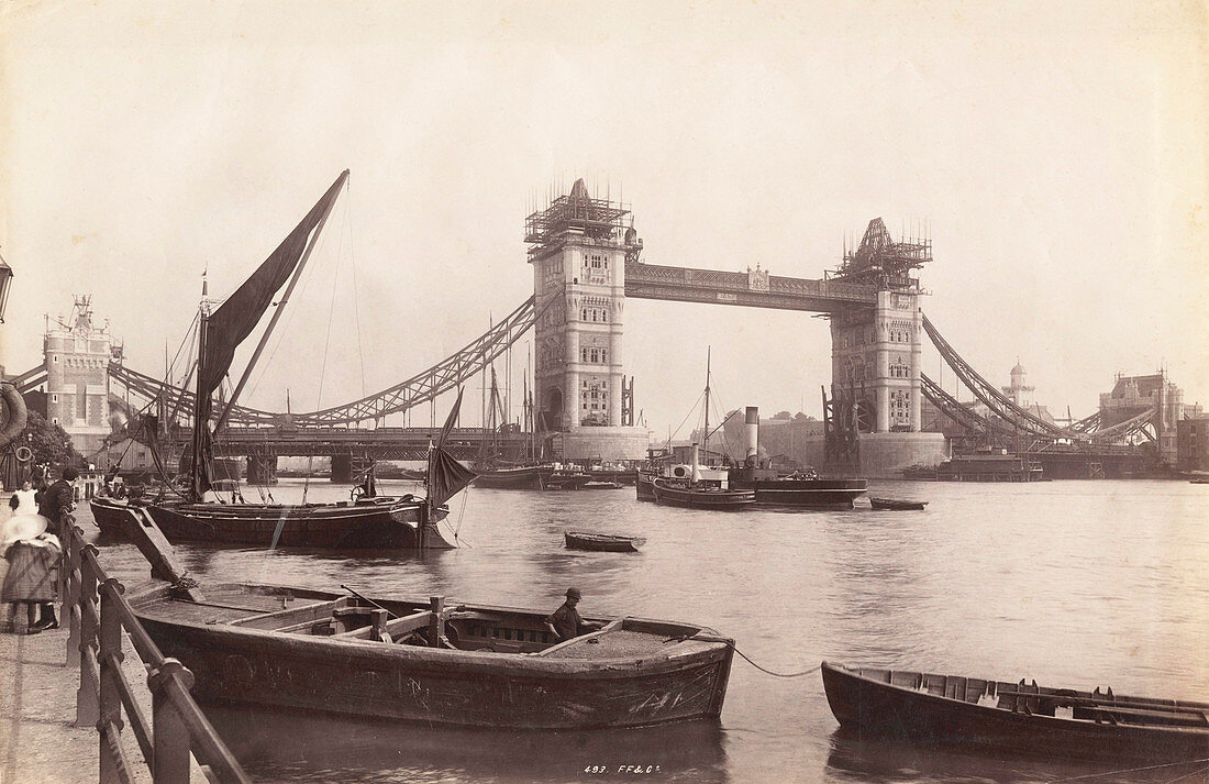 View of Tower Bridge under construction, London, c1893
