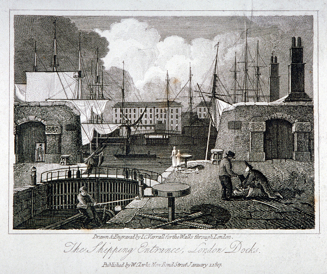 View of the shipping entrance to London Docks, Wapping, 1817