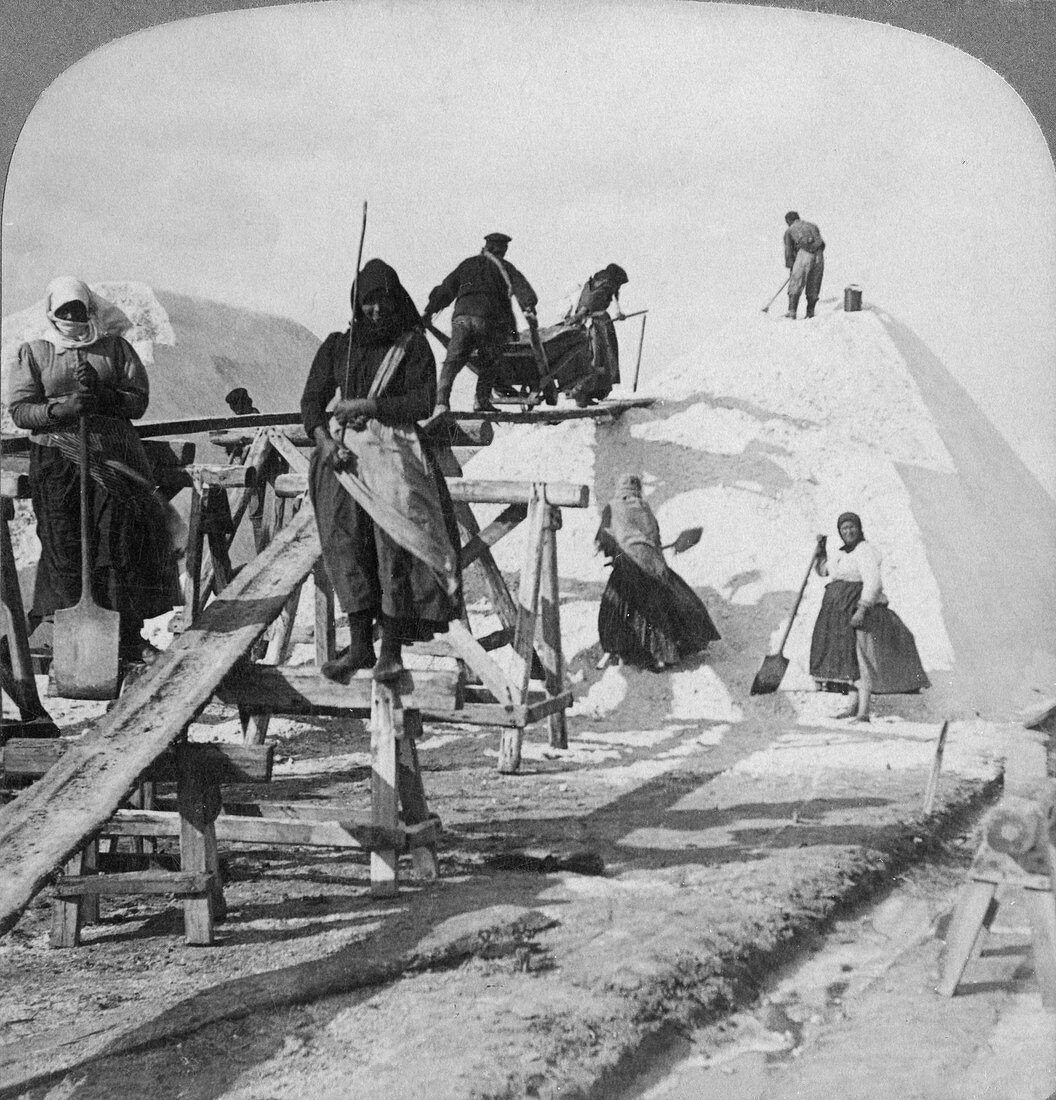 Stacking salt in the salt fields of Solinen, Russia, 1898