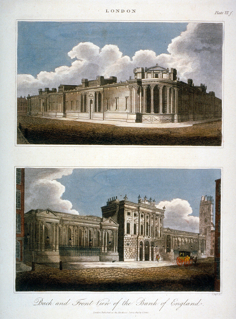 Two views of the Bank of England, City of London, 1814