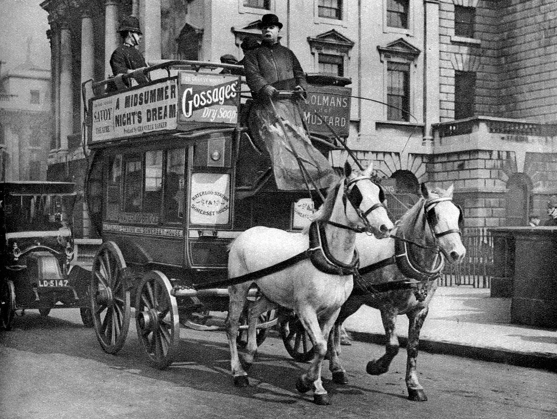 A horse-drawn bus, London, 1926-1927