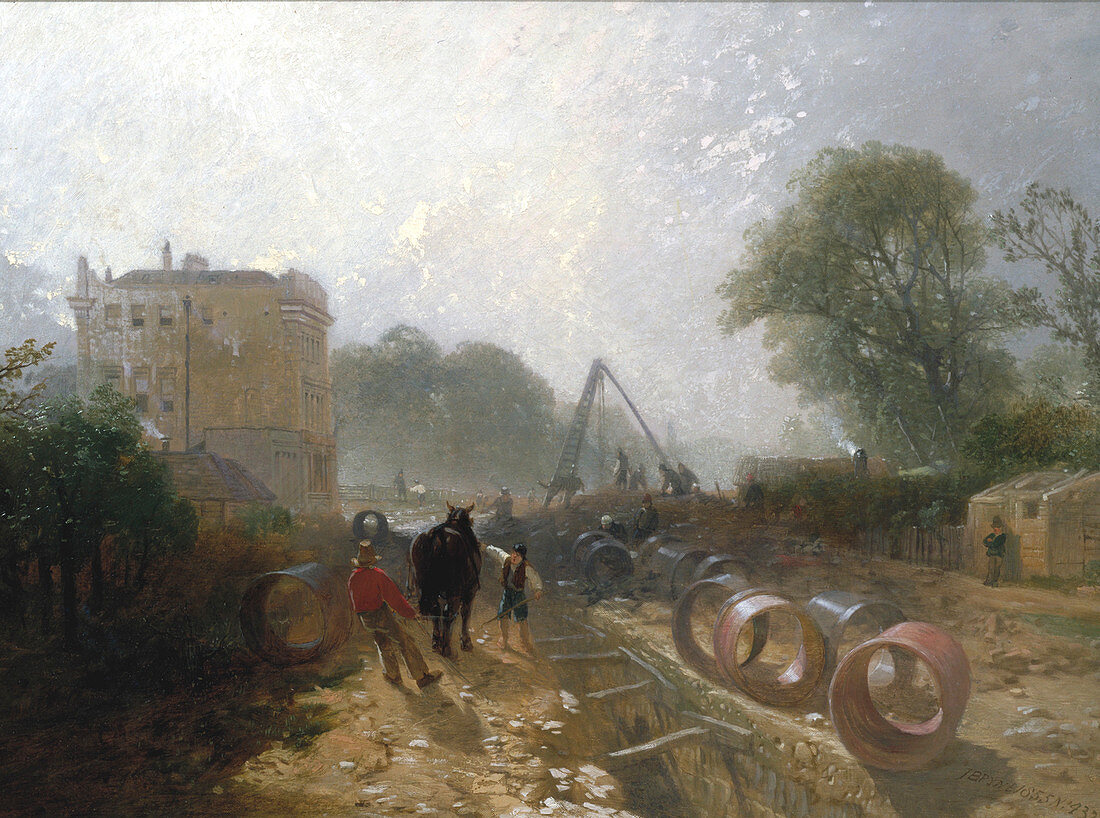 Workmen laying water pipes, c1820-1870