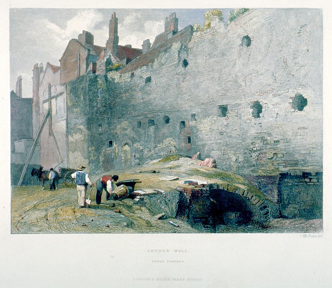 Tower Postern and London Wall, City of London, 1851