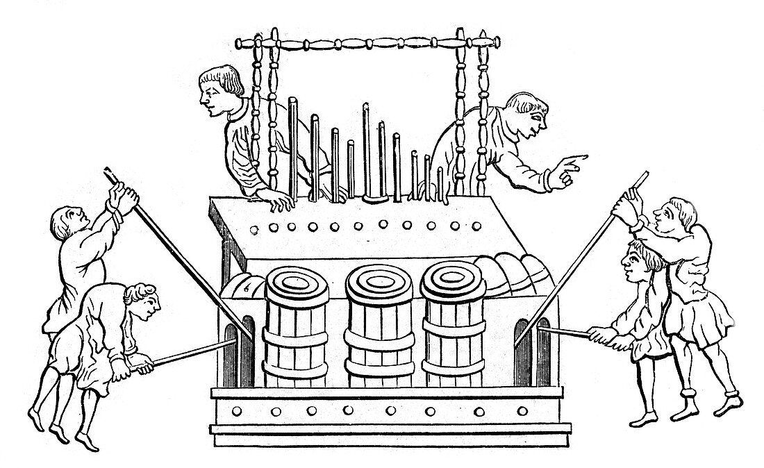 Great organ with bellows and double keyboard, 12th century