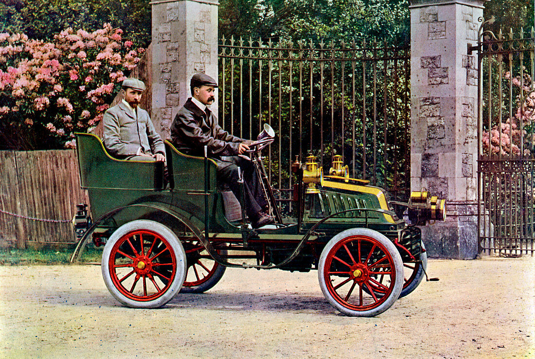 Two Edwardian gentlemen sitting in a motor car, 1902-1903