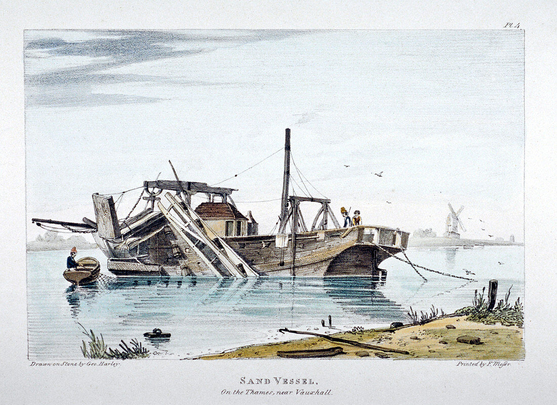 Sand vessel on the River Thames at Vauxhall, London, c1820
