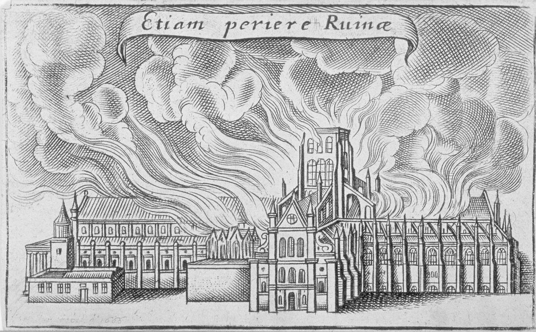 Old St Paul's Cathedral burning, Great Fire of London, 1666
