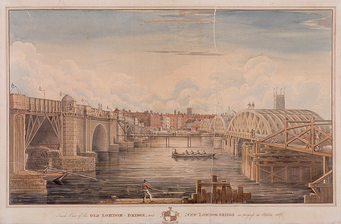 London Bridge (old and new), London, 1827