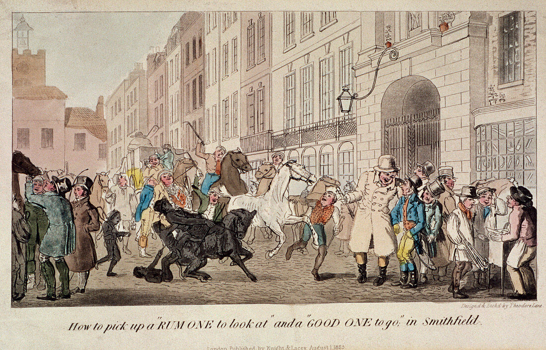 People bargaining at West Smithfield, London, 1825