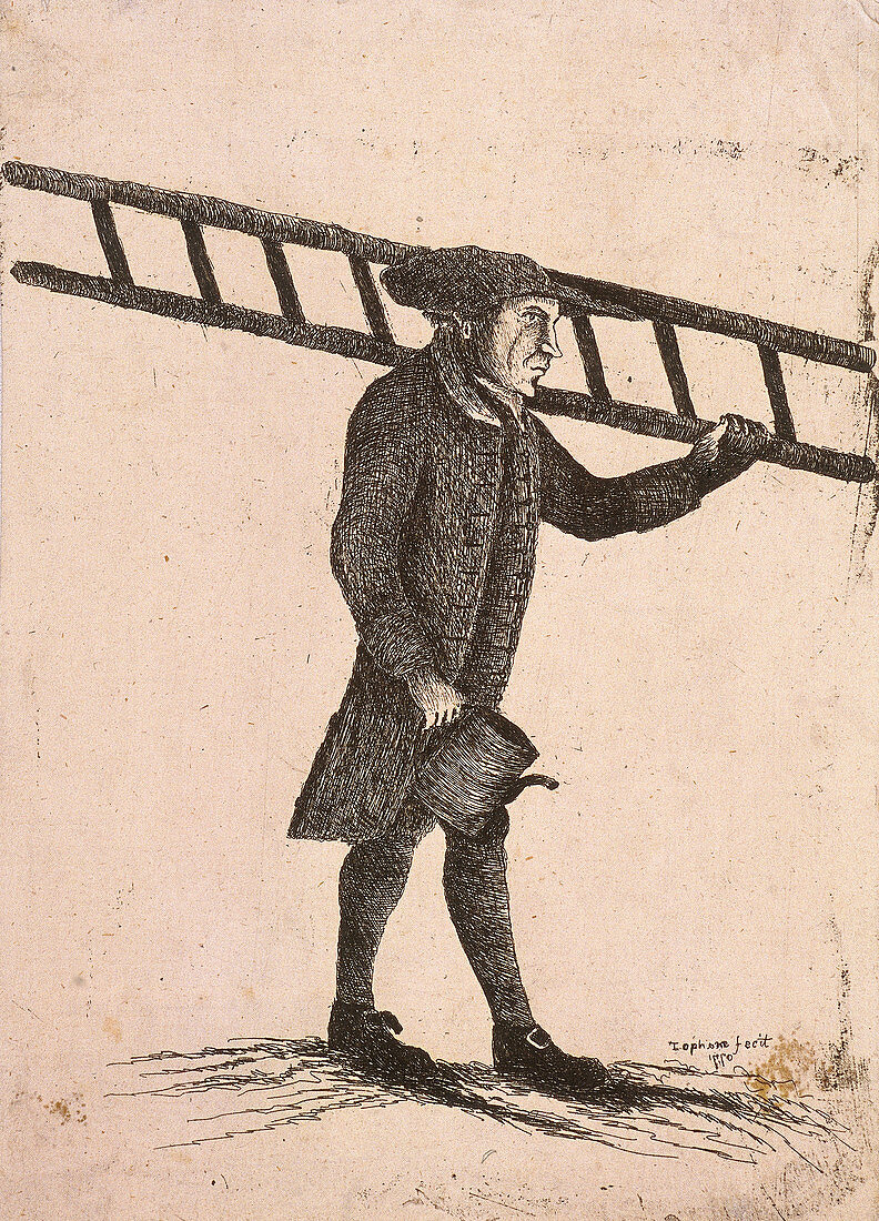 Lamplighter holding a ladder and an oil can, 1770