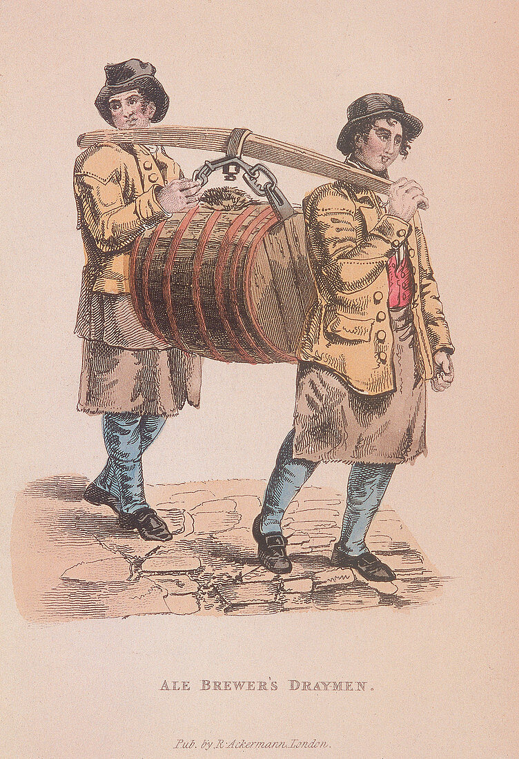 Two ale brewer's draymen carrying a barrel, c1830