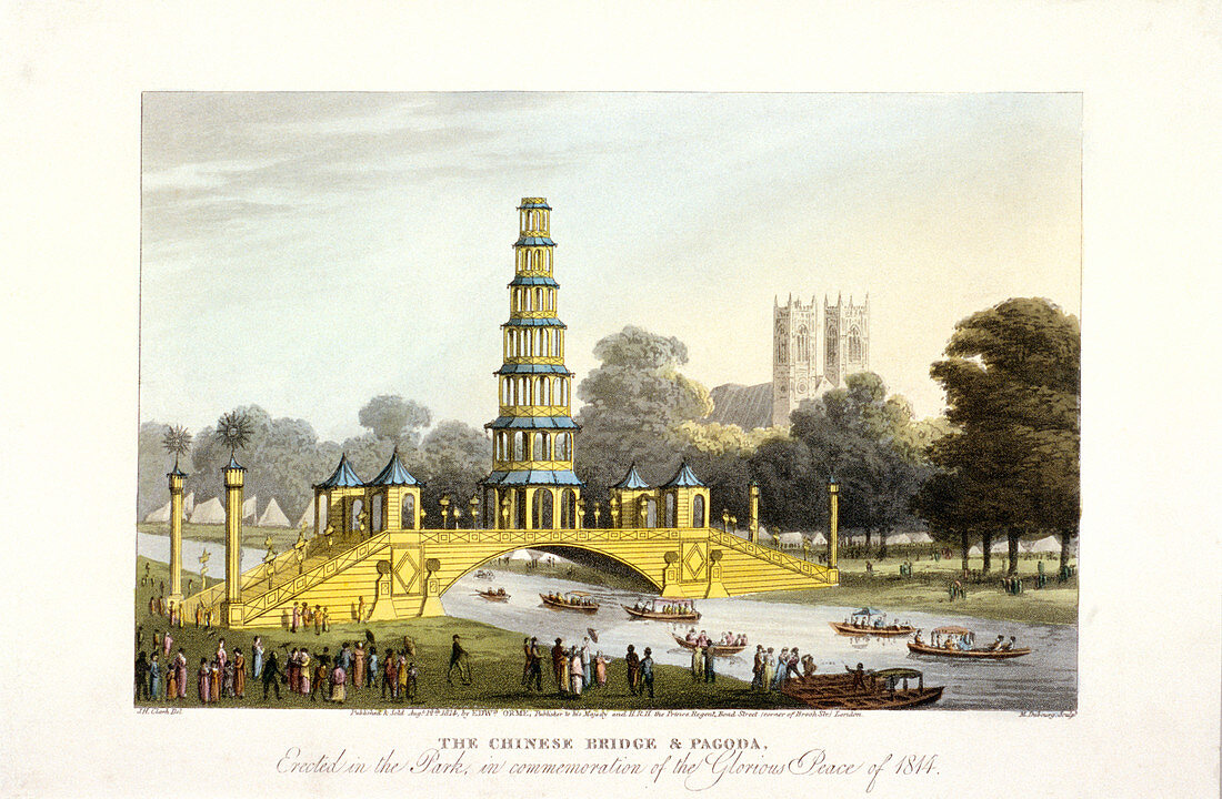 Chinese bridge and pagoda, St James's Park, London, 1814