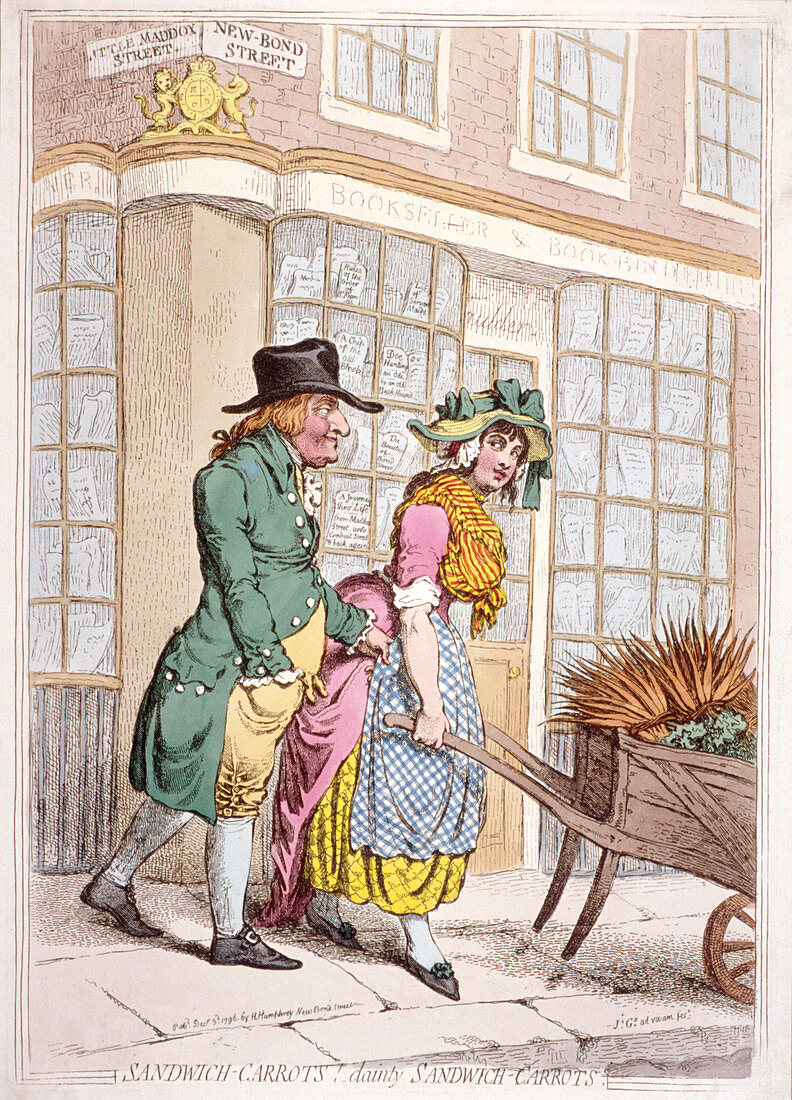 A leering man making advances to a girl, London, 1796