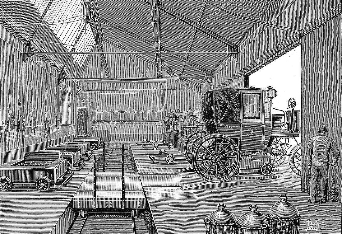 Depot where cabs were fitted with charged batteries, 1899