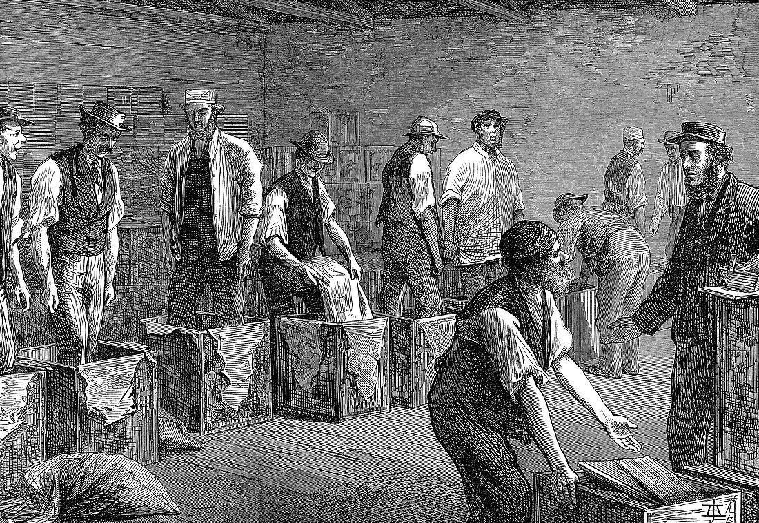 Packing tea in the warehouses, London, 1874