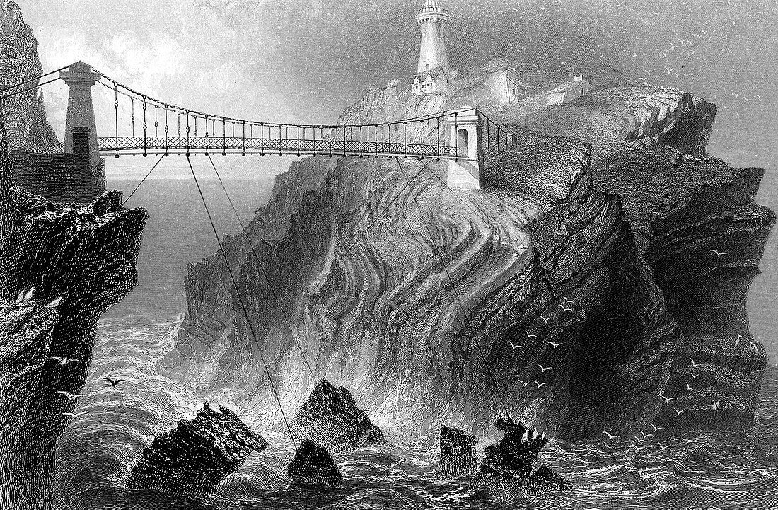 Suspension bridge to South Stack lighthouse, Wales, c1860