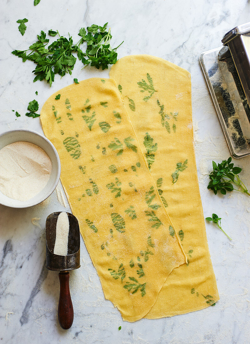 Homemade pasta with herbs