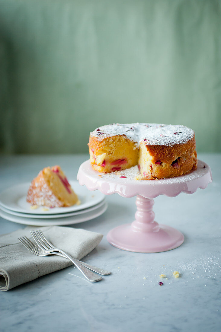 Himbeer-Biskuitkuchen, angeschnitten