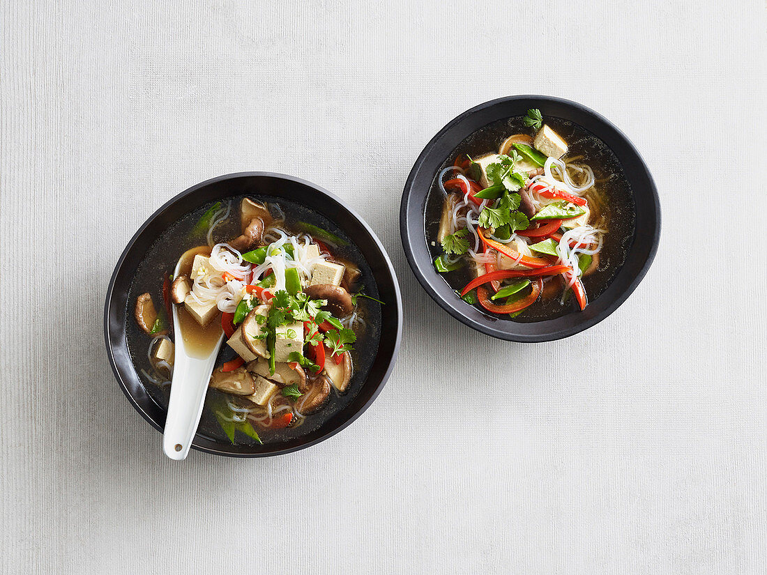 Oriental noodle soup with tofu and shiitake (low carb)
