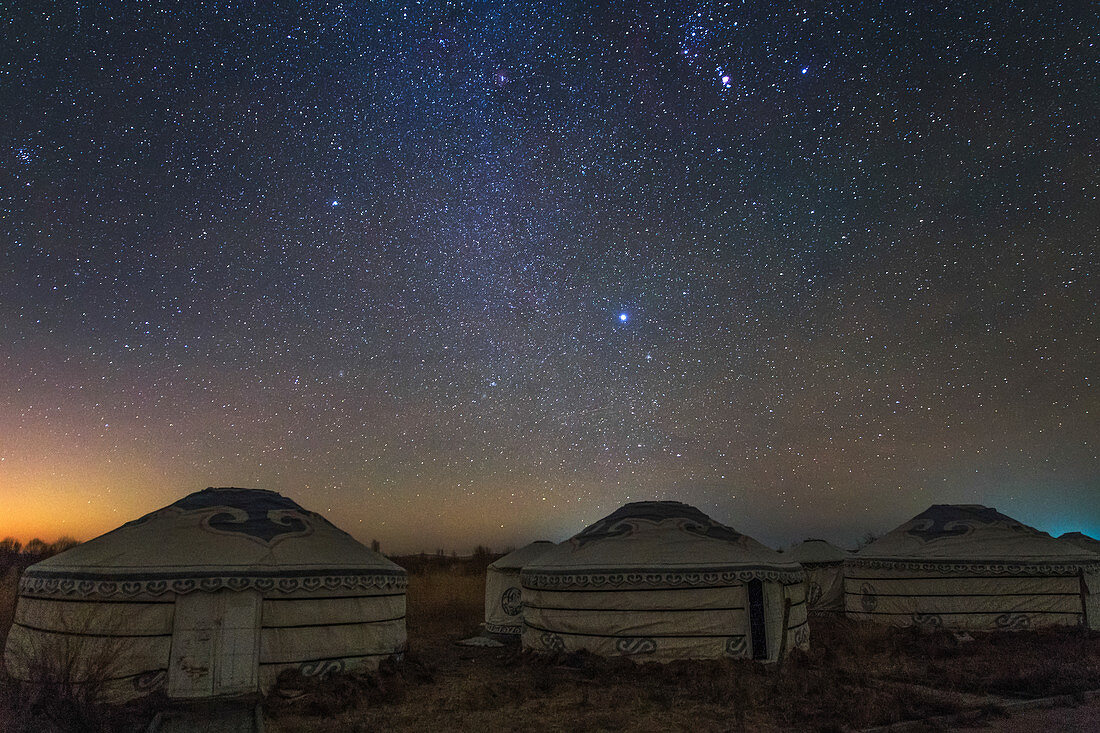 Winter night sky over yurts in Inner Mongolia