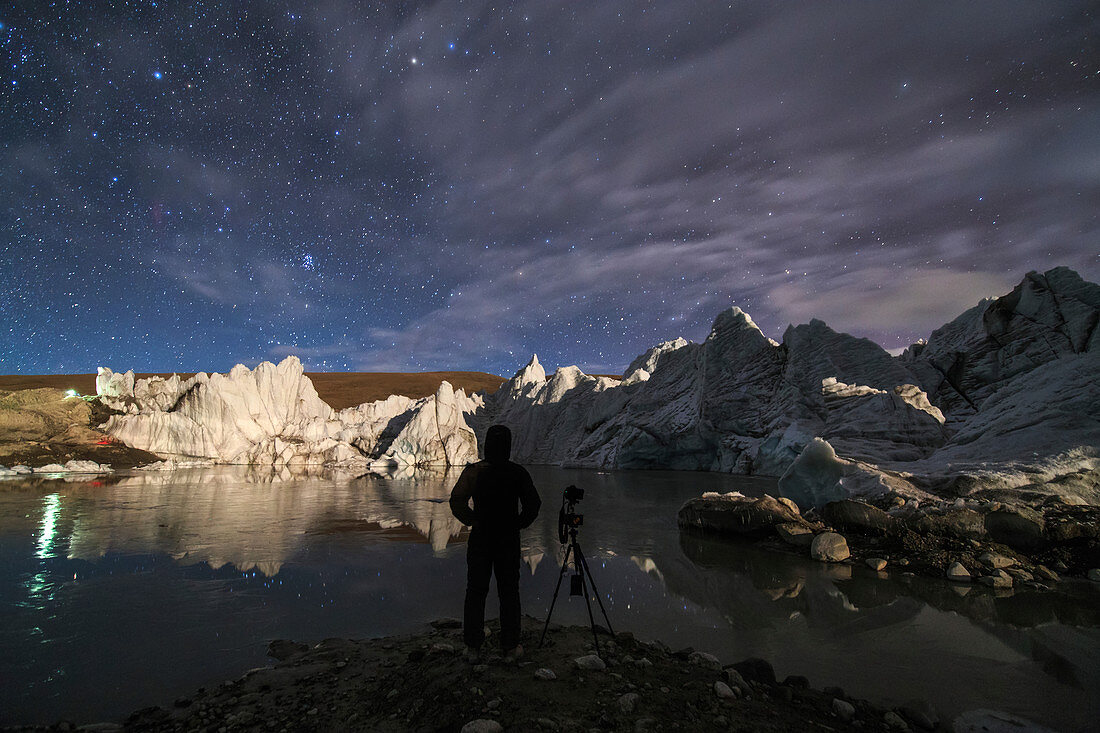 Photographing the night sky over a glacier