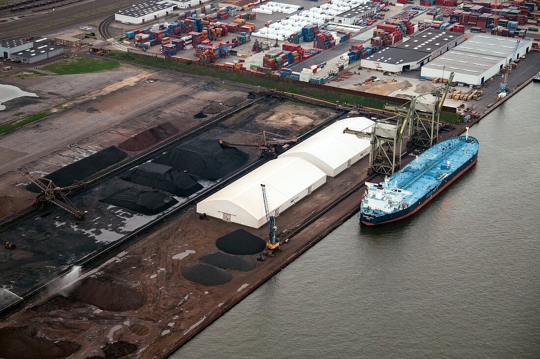 Barge being loaded with coal, aerial photograph