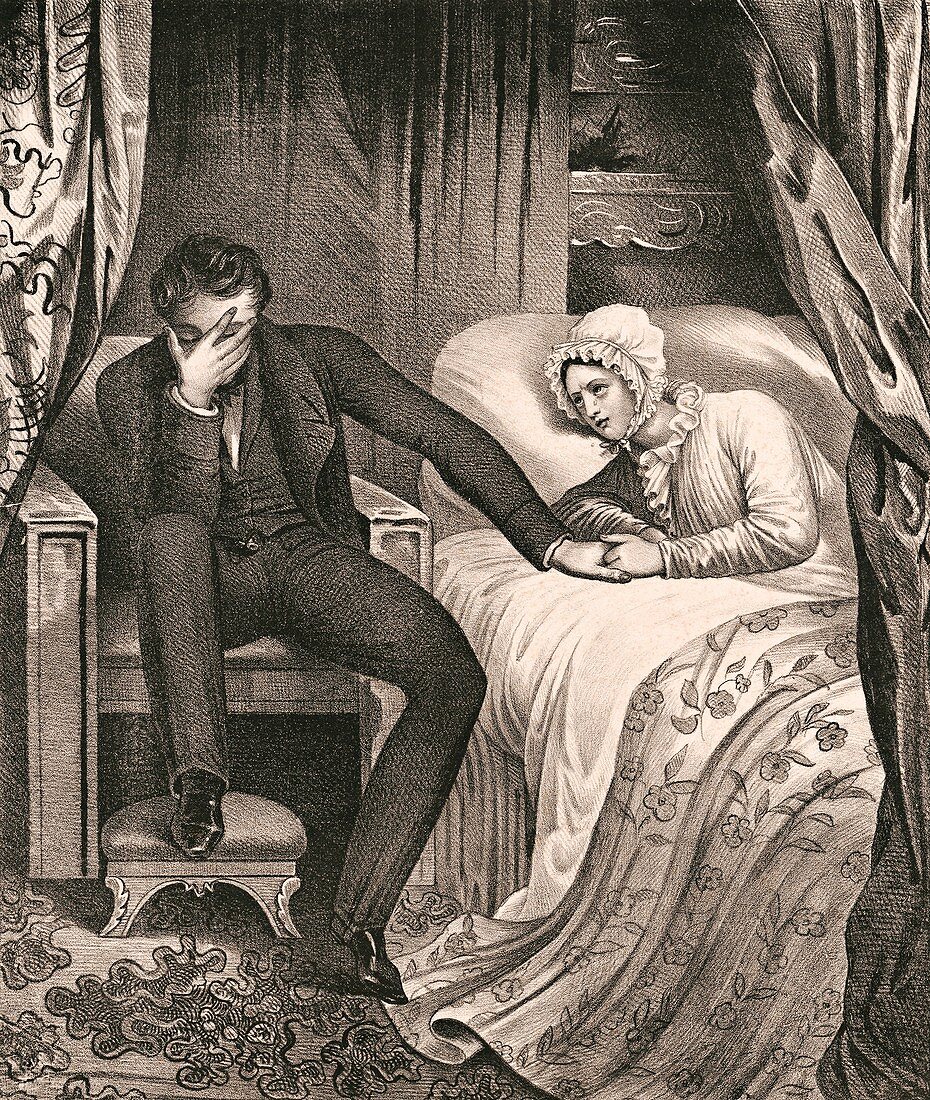 A distraught man with his dying wife, illustration