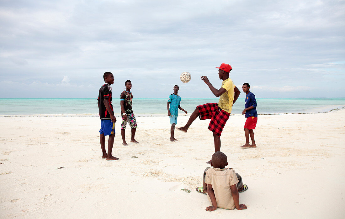 Football training on a beach, Zanzibar