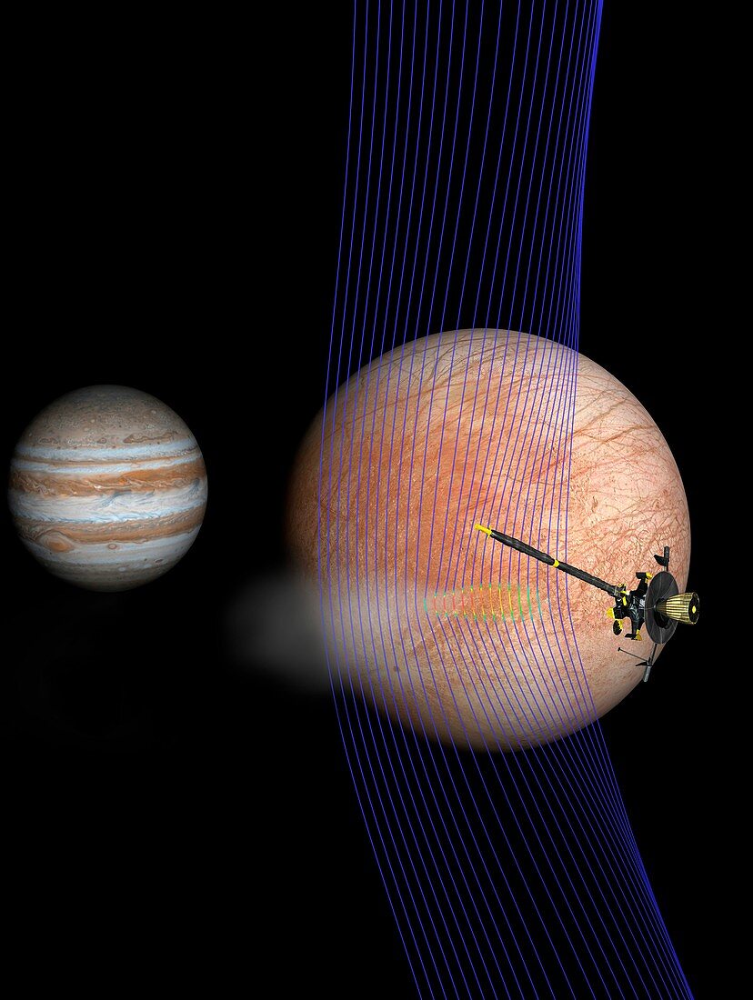 Galileo spacecraft at Europa and Jupiter, illustration