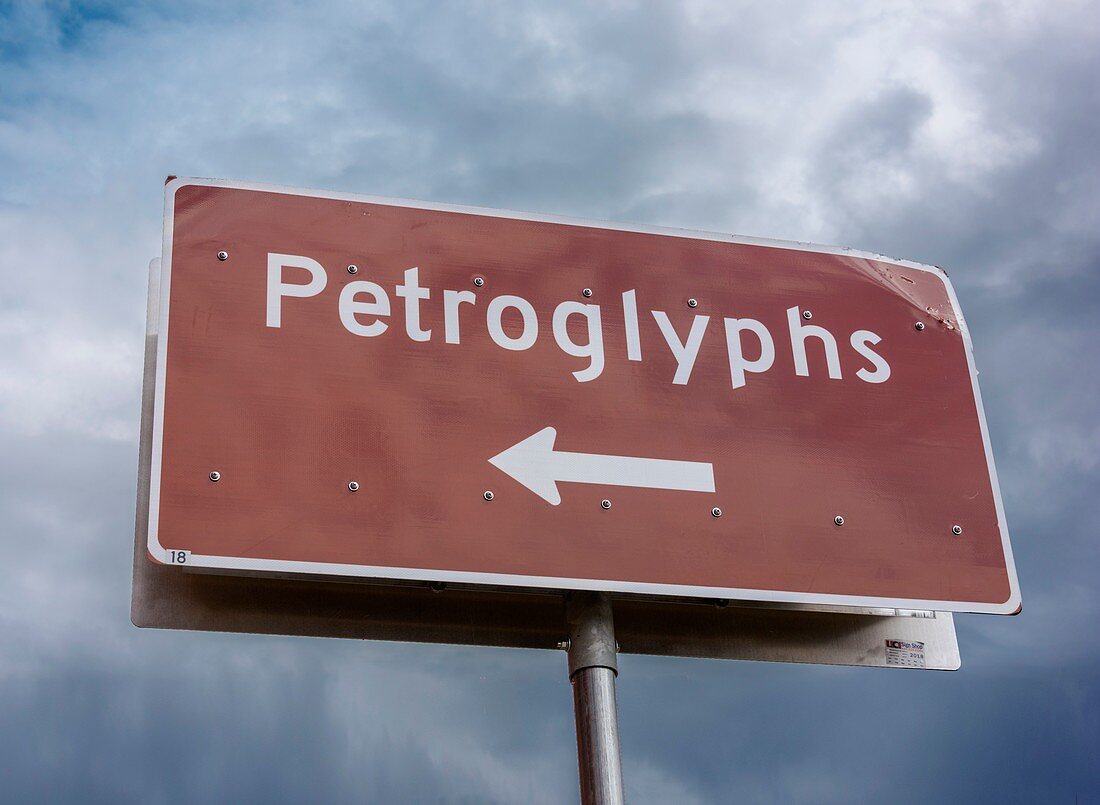 Petroglyphs road sign, Utah, USA